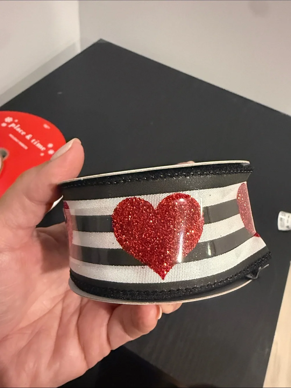 Striped Ribbon with Red Glitter Hearts